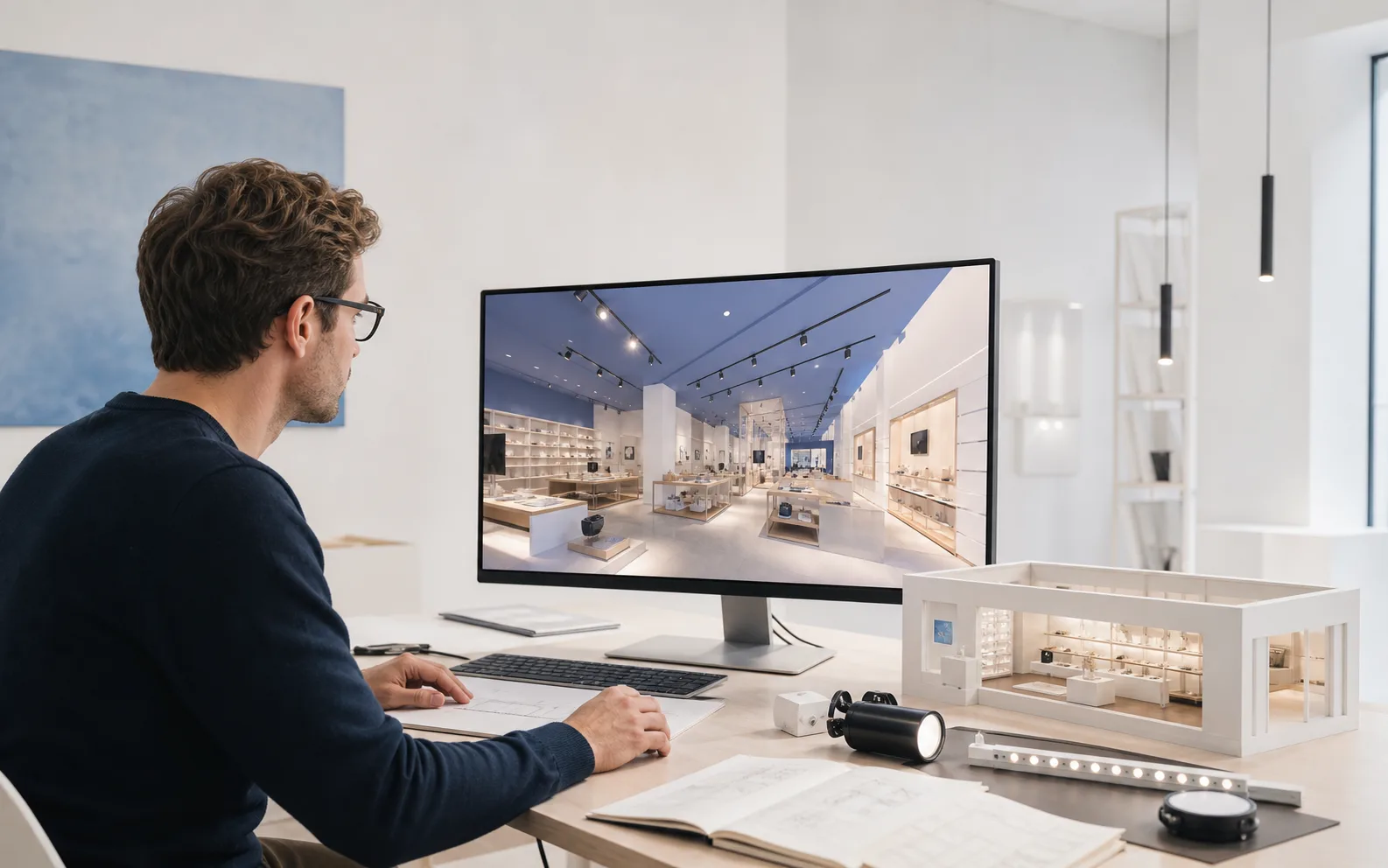 Světelný designer připravuje návrh osvětlení prodejny